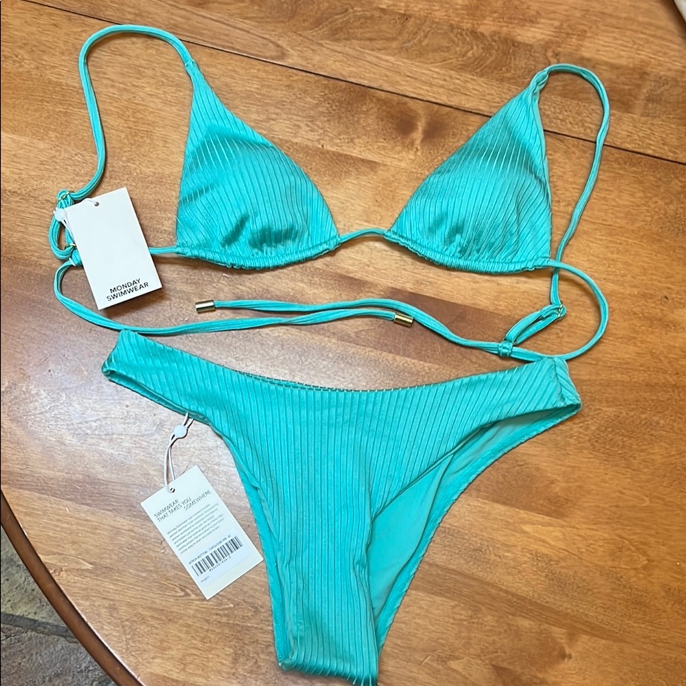 NWT Monday Swimwear Blue Bikini Set with Ribbed Texture